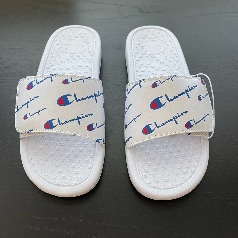 Champion Men’s Open Toe White Logo Slide Adjustable Closure EVA Sole Size 10
